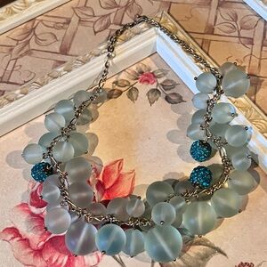 Elegant Frosted Blue/Green Beaded Necklace Toggle Clasp Choker